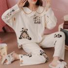 Loungewear Set : Long-sleeve Peter Pan Collar Bear Print Top + Pants