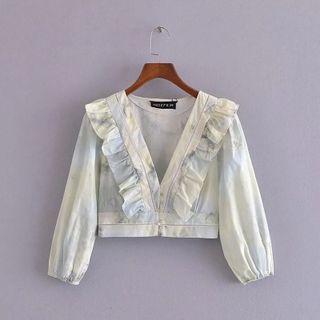 Puff-sleeve Frill Trim Tie Dye Blouse