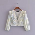 Puff-sleeve Frill Trim Tie Dye Blouse