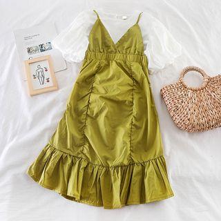 Set: Puff-sleeve Blouse + Sleeveless Midi Dress