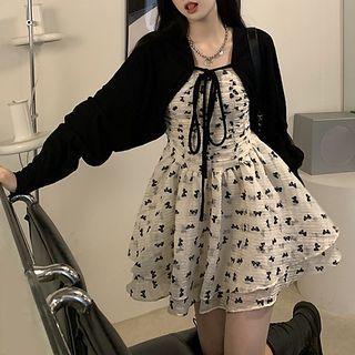 Spaghetti-strap Print Mini A-line Dress / Batwing-sleeve Shrug