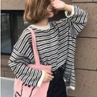 Striped Long-sleeve Knit Top Short Sleeve - One Size