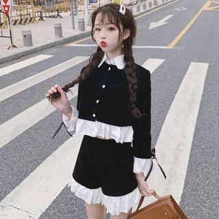 Set: Long-sleeve Ruffle Trim Shirt + Wide Leg Shorts