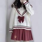 Long-sleeve Sailor Collar Knit Top / Pleated Mini A-line Skirt