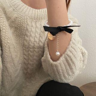 Ribbon Faux Pearl Bracelet White - One Size