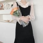 Long-sleeve Mesh Blouse / Midi A-line Pinafore Dress