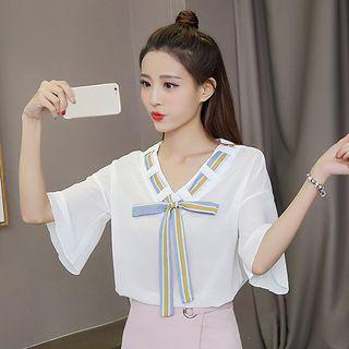 Set: Bow Accent Elbow Sleeve Chiffon Blouse + Camisole Top