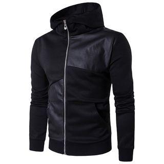 Faux-leather Panel Hooded Zip Jacket