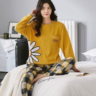 Loungewear Set : Sunflower Print Jacquard Top + Pants