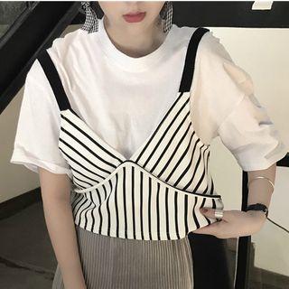 Set : Short-sleeve T-shirt + Pinstripe Sleeveless Top