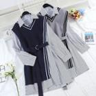 Set: Long-sleeve Pinstriped Mini Shirtdress + Contrast-trim Knit Vest
