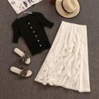 Set: Plain Short-sleeve Knit Top + Ruffle Midi A-line Skirt