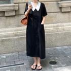 Short-sleeve Collar Midi Dress Black - One Size