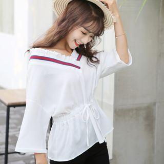 Drawstring Waist V-neck 3/4-sleeve Top