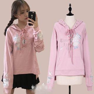 Embroidered Lace-up Hoodie