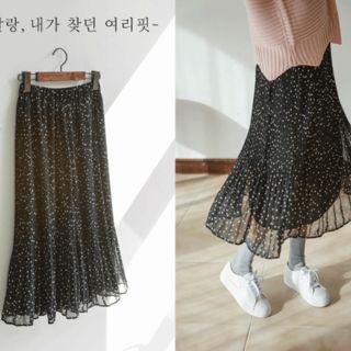 Accordion-pleat Polka-dot Long Chiffon Skirt