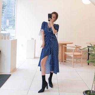 Ruched Floral Long Dress Blue - One Size