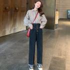 High-waist Straight-cut Jeans / Striped Shirt
