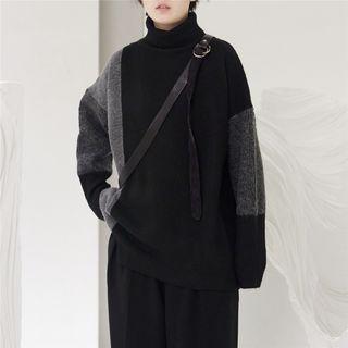 Color Block Turtleneck Sweater Black & Gray - One Size