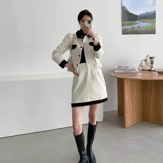 Set: Contrast-trim Cropped Jacket + Mini A-line Skirt