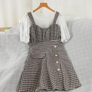 Set: Short-sleeve Blouse + Houndstooth Mini A-line Overall Dress