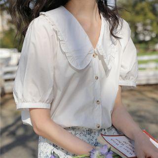 Short-sleeve Doll-collar Button-up Blouse White - One Size
