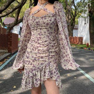 Balloon-sleeve Floral Mini Sheath Dress