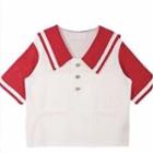 Raglan-sleeve Lapel Short-sleeve Tee Red & White - One Size