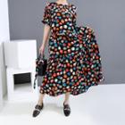 Mesh-sleeve Doted Midi A-line Layered Dress