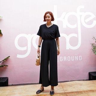 Gathered-waist Plain Jumpsuit