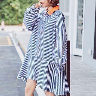 Contrast Collar Striped Ruffle Hem Shirt Dress