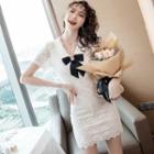 Short-sleeve Contrast Bow Lace Bodycon Mini Dress