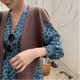 Floral Print Long-sleeve Dress / Plain Knit Shawl