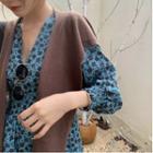 Floral Print Long-sleeve Dress / Plain Knit Shawl
