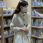 Set: Long-sleeve Plain Pleated Midi Dress + Button-up Knit Shawl