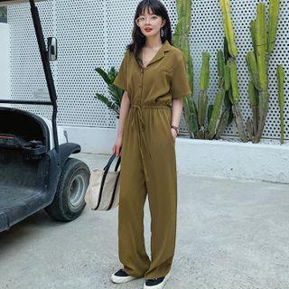 Short Sleeve Drawstring Waist Plain Straight Leg Jumpsuit