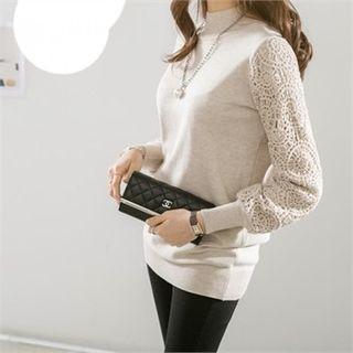 Mock-neck Crochet-sleeve Knit Top