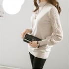 Mock-neck Crochet-sleeve Knit Top