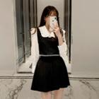 Set: Faux-pearl Trim Vest + Frill-neck Shirt Black - One Size