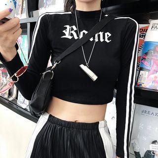 Long-sleeve Lettering Crop T-shirt Black - One Size