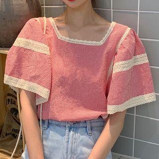 Lace-panel Check Short-sleeve Top