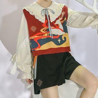 Deer Sweater Vest / Bow High Waist Shorts / Bow Blouse