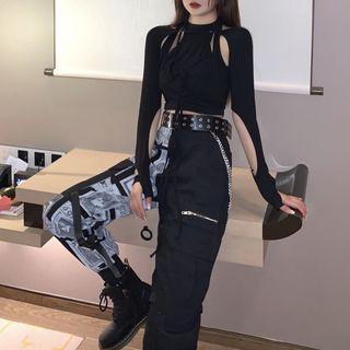 Print Cargo Jogger Pants With Belt / Long-sleeve Crop Top With Tank Top / Set