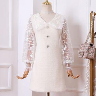 Lantern-sleeve Embroidered Mini A-line Dress