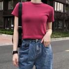 Plain Short-sleeve Cropped T-shirt Rose Pink - One Size
