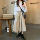 Long-sleeve Button-up Blouse / Midi A-line Skirt