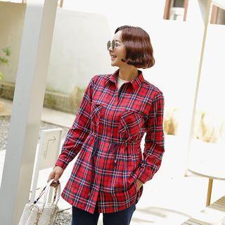 Tab-sleeve Drawstring-waist Plaid Jacket