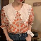 Collared Floral Print Elbow-sleeve Blouse