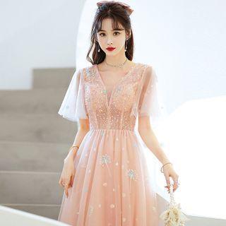 Short-sleeve Mesh A-line Cocktail Dress