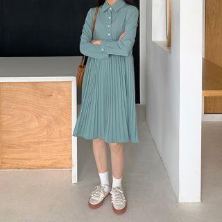 Long-sleeve Chiffon Pleated Dress Peacock Blue - One Size